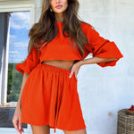 Balloon Sleeve Crop Tops & Pleated Shorts Wholesale Women'S 2 Piece Sets