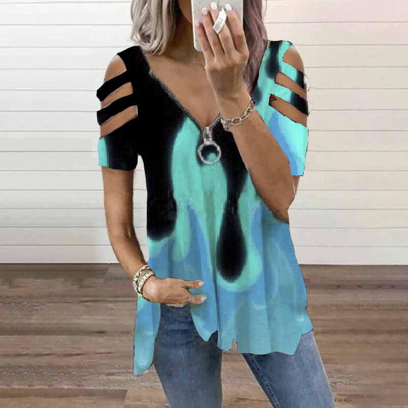 Printed V-Neck Zip Pullover Short Sleeve Loose Womens T-Shirt Wholesale Tunics Tops
