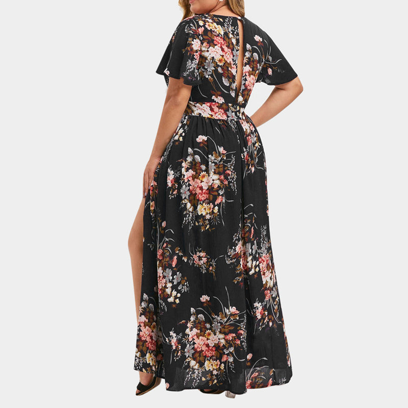 V Neck Floral Print Nipped Waist Slit Curvy Maxi Dresses Wholesale Plus Size Clothing