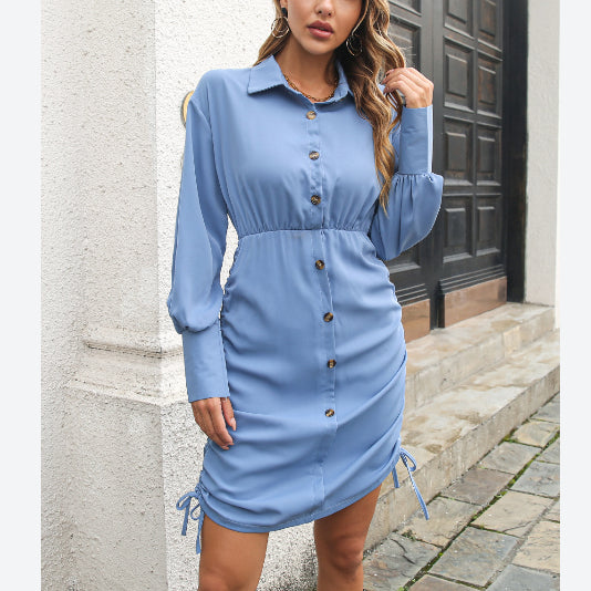 Solid Color Puff Sleeve Lapel Collar Button Down Drawstring Wholesale Shirt Dresses for Women