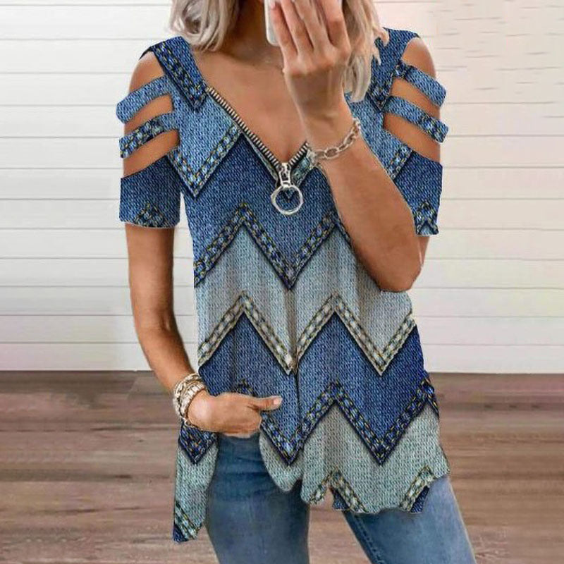 Printed V-Neck Zip Pullover Short Sleeve Loose Womens T-Shirt Wholesale Tunics Tops