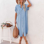 Solid Color Summer Denim Short Sleeve Slit Mid-Length Dresses Casual Wholesale Shirtdress