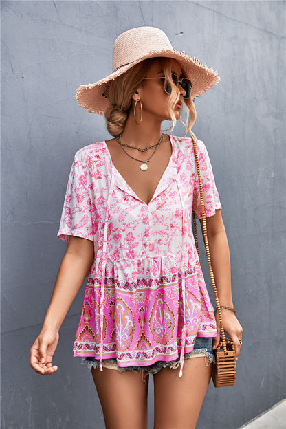 V-Neck Boho Style Print Lace-Up Bohemian Womens Tunic Tops Casual Wholesale T Shirts