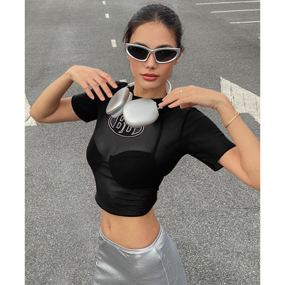 Street Trend Mesh Short Sleeve Letter Print Perspective Crop Tops Wholesale Women Tops