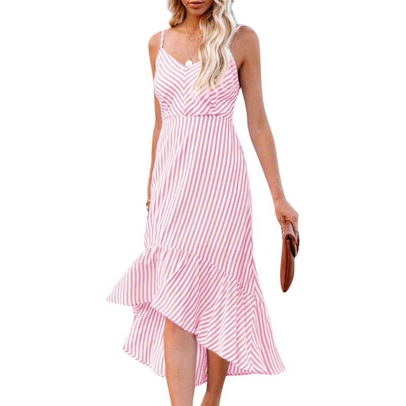 Women Fashion Sleeveless Striped Print Hollow Out Irregular Hem Wholesale Swing Dresses Summer
