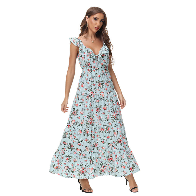 Sexy Frill Sleeve V-Neck Vacation Floral Dress Wholesale Maxi Dresses