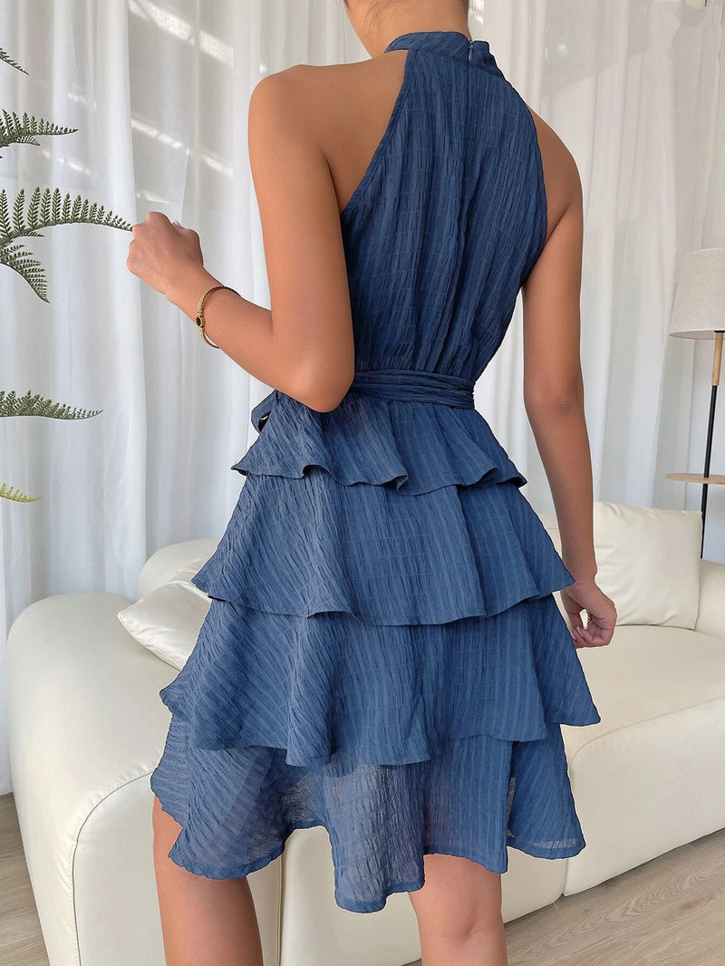Sleeveless Halterneck Trendy Tie-Waist Ruffle Dress Wholesale Dresses