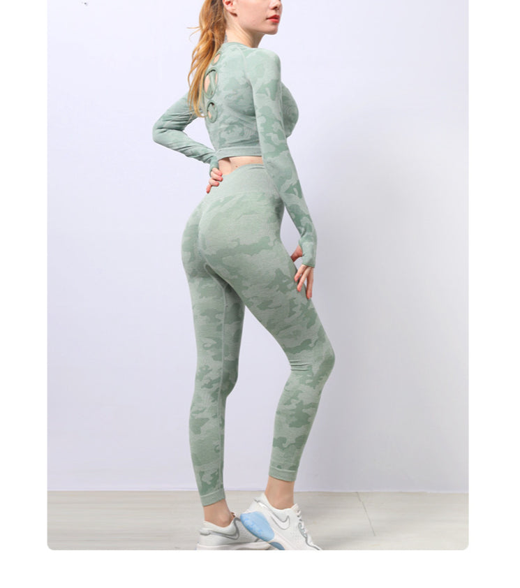 Camo Print Long-Sleeve Tops & Bra & Leggings Yoga Suit Wholesale Activewear Sets