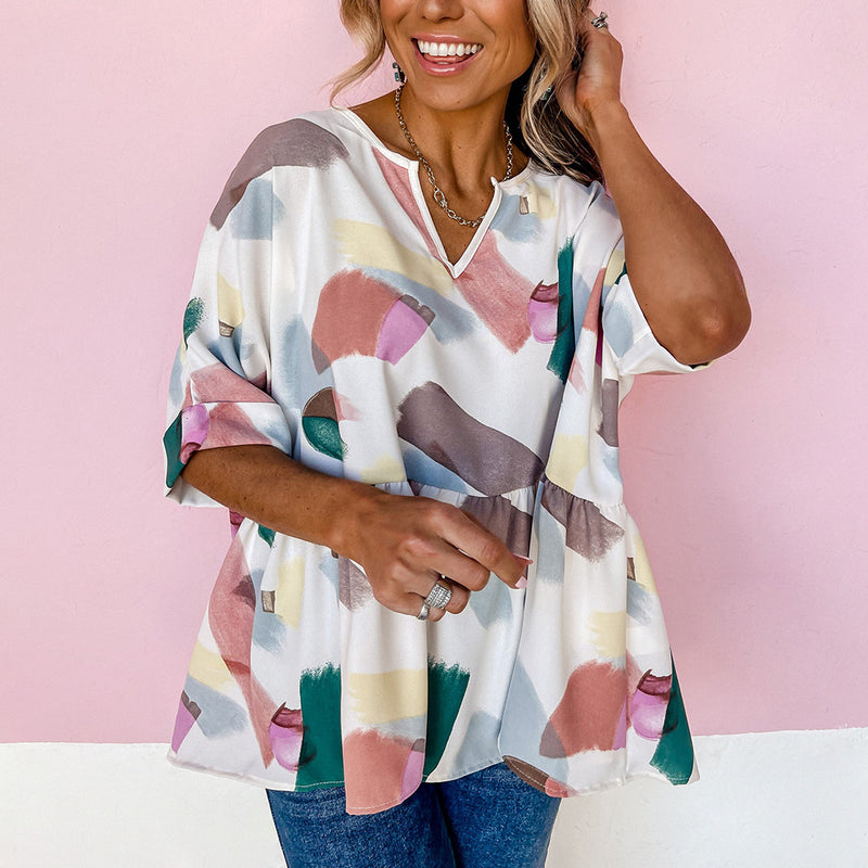 Fashion Print V-Neck Tops Half-Sleeve Loose Casual Womens T Shirts Wholesale