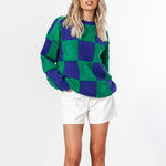 Casual Checkerboard Color Contrast Knit Pullover Round Neck Long Sleeve Sweater Wholesale Women Top