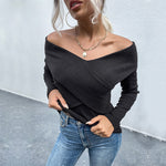 Cross Wrap Slim Solid Color V-Neck Long Sleeve Pullover Top Wholesale Women Top