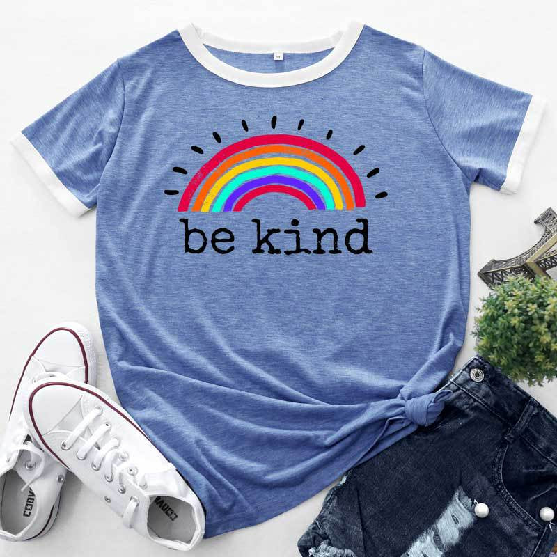 Rainbow & Letter Print Crew Neck Short Sleeve Tops Casual Wholesale Women'S T Shirts