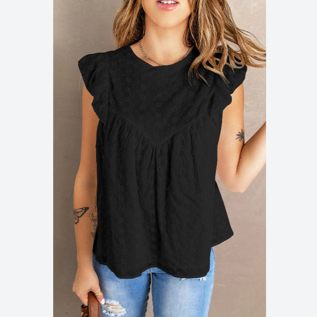 Solid Color Round Neck Frill Sleeve Jacquard Womens Sleeveless T-Shirts Casual Wholesale Tank Tops