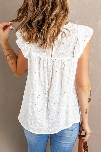 Solid Color Round Neck Frill Sleeve Jacquard Womens Sleeveless T-Shirts Casual Wholesale Tank Tops