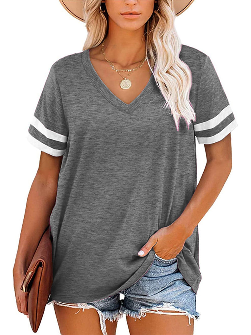 Striped Print Short Sleeve V Neck Wholesale T-shirts Tops Summer