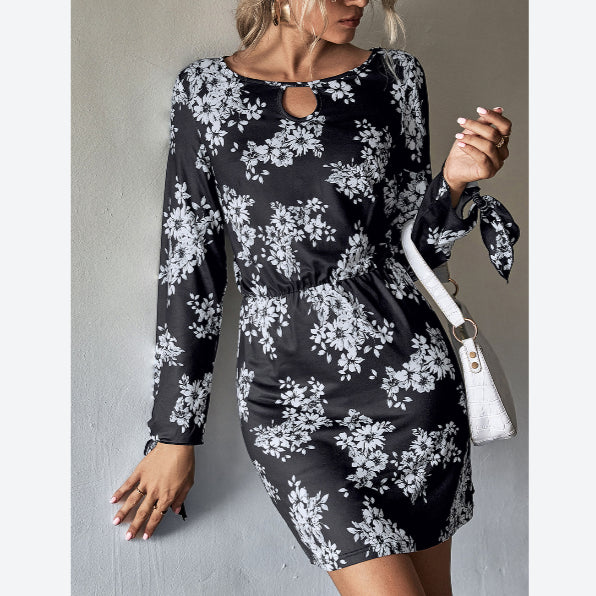 Floral Print Hollow Long Sleeve Bodycon Dress Wholesale Dresses