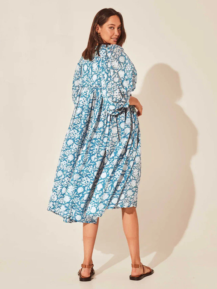 Puff Sleeve Loose Mid-Sleeve Floral Dress Wholesale Dresses