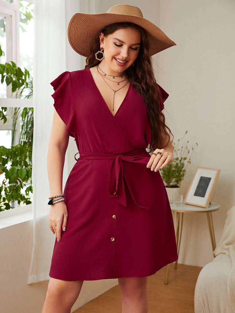Trendy Tie-Up V Neck Ruffled Sleeve Women Curvy A-Line Dresses Wholesale Plus Size Clothing