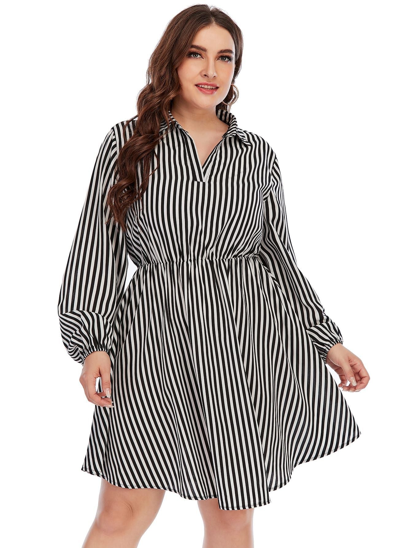 Fashion V Neck Striped Swing Dress Elastic Waist Dresses Long Sleeve Loose Wholesale Plus Size Clothing