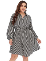 Fashion V Neck Striped Swing Dress Elastic Waist Dresses Long Sleeve Loose Wholesale Plus Size Clothing