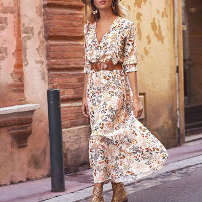 Fashion Long V-Neck Mid-Sleeve Floral Dress Wholesale Dresses