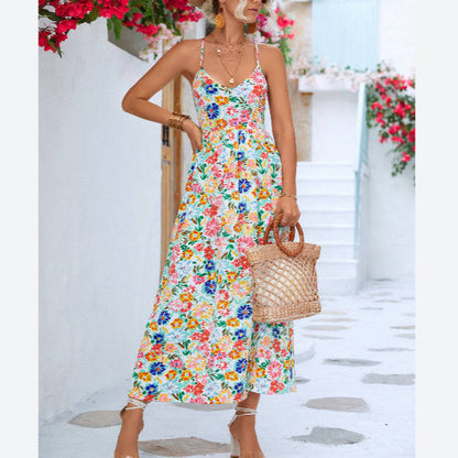 Floral Print Sling High Waist Open Back A-Line Dress Wholesale Dresses