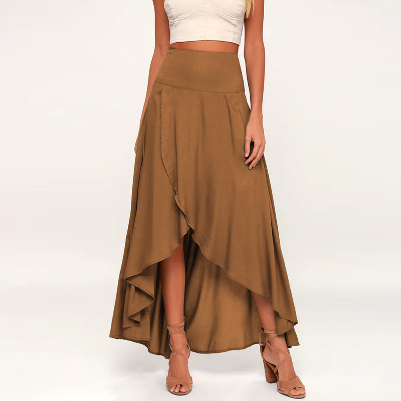 High Waist Solid Color Elegant Ruffled Slit Irregular Design Maxi Skirts Wholesale