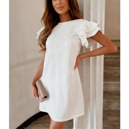 Solid Color O Neck Ruffle Sleeve Casual Dress Wholesale Dresses