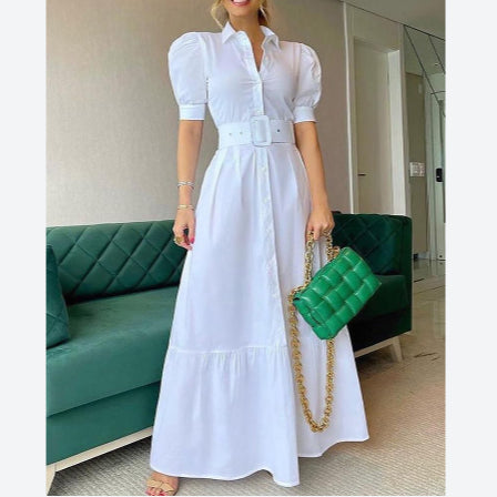 Solid Color High Waist Puff Sleeve A-Line Maxi Dress With Belt Elegant Wholesale Shirt Dresses Business Casual Women SD531218
