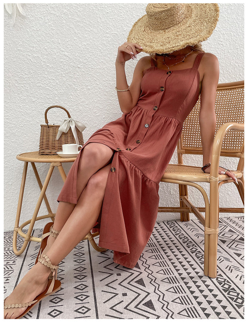 Solid Color Sleeveless Cotton Linen Button Wholesale Swing Dresses