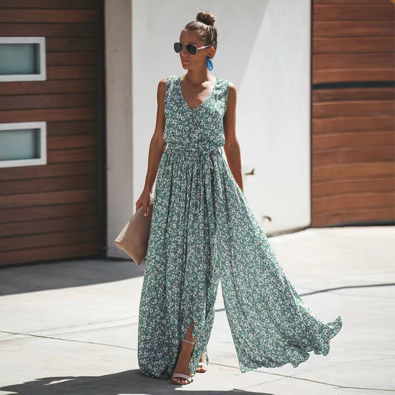 Floral Print Sleeveless V Neck Tie Waist Long Loose Wholesale Jumpsuits Summer