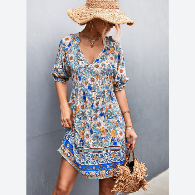 Boho Style Print Puff Sleeve V Neck Resort Dresses Sexy Wholesae Bohemian Dress For Women