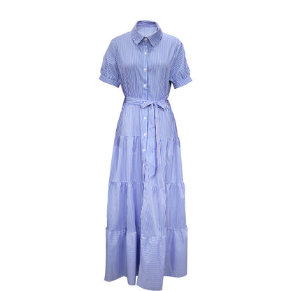 Short Sleeve Striped Print Lapel Smocked Shirtdress Wholesale Maxi Dresses