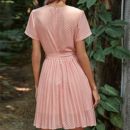 Fashion V Neck Polka Dot Dress Slim Short Sleeve A-Line Wholesale Dresses With Belt