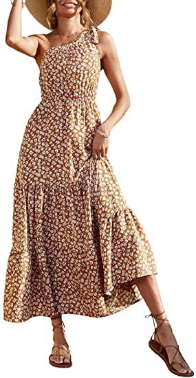 Floral Print Twist Slanted Shoulder Strapless Smocked Swing Dress Vacation Wholesale Maxi Dresses