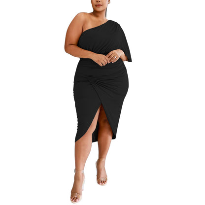 One Shoulder Solid Color Slim Sexy Women Curvy Wrap Dresses Wholesale Plus Size Clothing