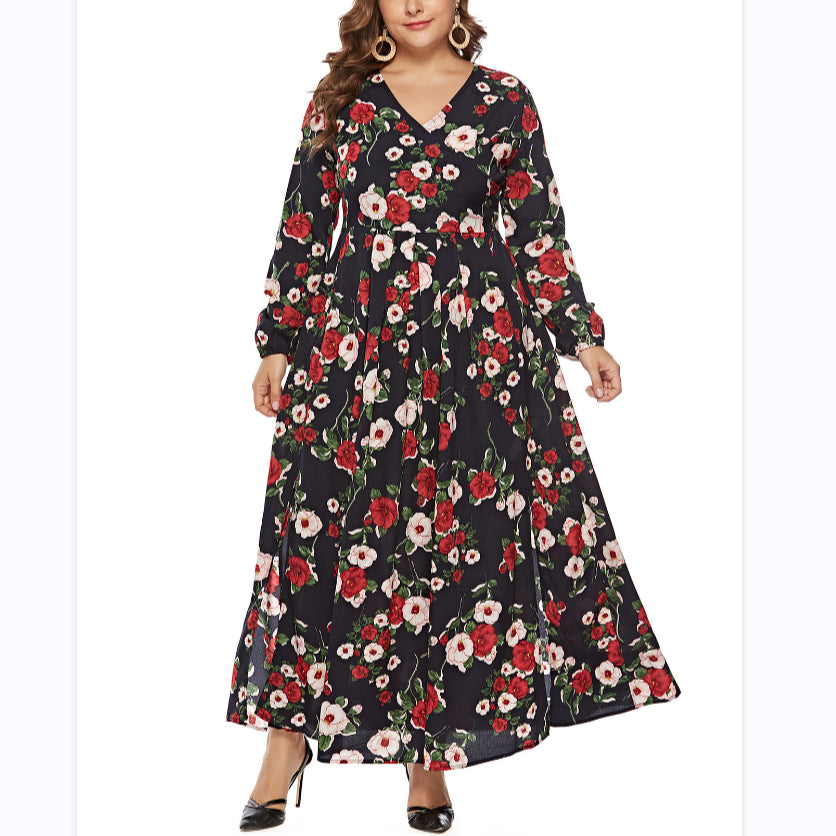 Floral Print Women Curvy Slit Maxi Dresses Wholesale Plus Size Clothing