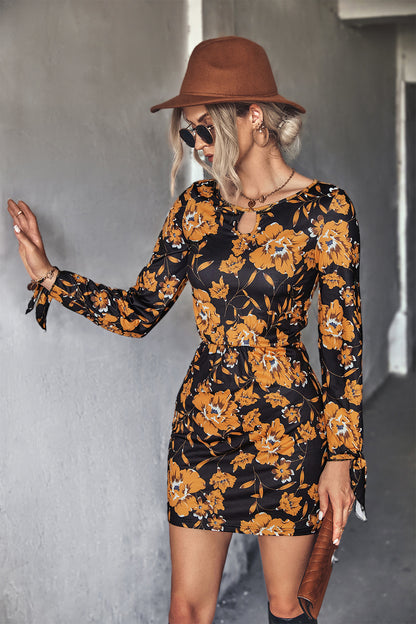 Floral Print Hollow Long Sleeve Bodycon Dress Wholesale Dresses