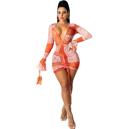 Deep V Printed Flared Long Sleeve Drawstring Pleated Bodycon Dress Sexy Women Clubwear Wholesale Dresses