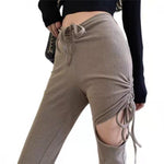 Knitted Solid Color Fashion Side Drawstring High Waist Cutouts Flares Trousers Womens Wholesale Pants