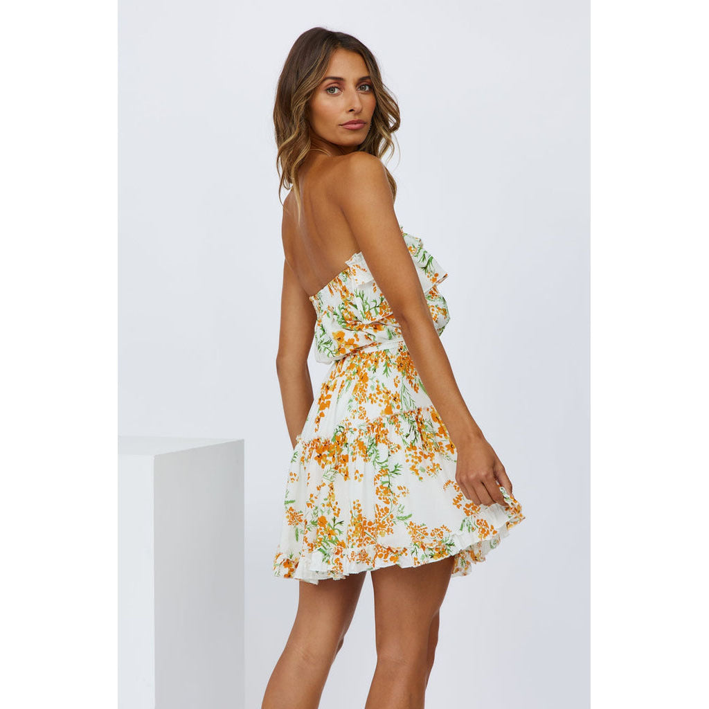 Floral Print Off Shoulder Backless Ruffles Wide Swing Wrap Mini Tube Dress Holiday Sexy Wholesale Dresses