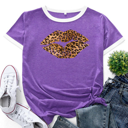 Patchwork Contrast Lip Leopard Print Tops Loose Short Sleeve Crew Neck Womens T Shirts Wholesale