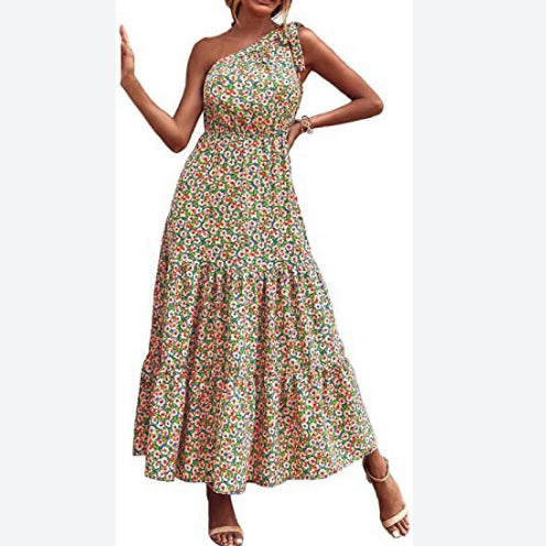 Floral Print Twist Slanted Shoulder Strapless Smocked Swing Dress Vacation Wholesale Maxi Dresses