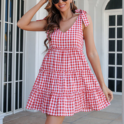 Plaid Print Sleeveless V Neck Wholesale A Line Dresses