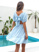 Solid Color Puff Sleeve Square Neck Bowknot Hollow Out Wholesale Swing Dresses for Women Summer