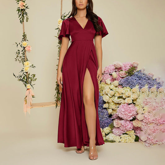 Sexy High Waist V-Neck Maxi Dress Solid Color Short Sleeve Slit Wholesale Dresses