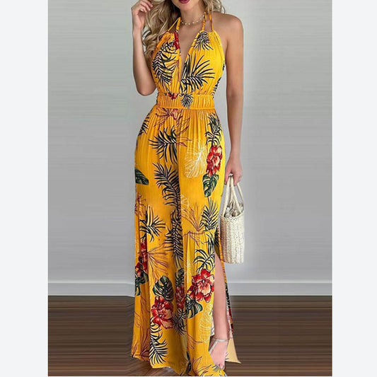 Sleeveless Floral Print V Neck Spaghetti Strap Backless Side Slit Wholesale Jumpsuits For Summer