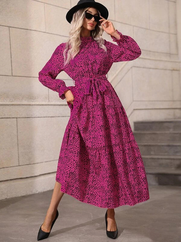 Casual Stand-Up Collar Long-Sleeved Printed Tie-Up Ruffle Swing Midi Dress Wholesale Dresses