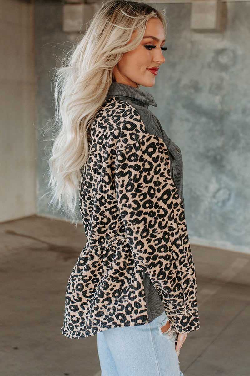 Color-Blocked Lapels Pleated Corduroy Pocket Leopard Print Long-Sleeved Jacket Wholesale Women Clothing