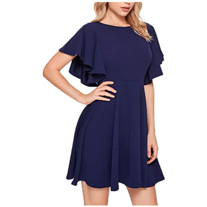 Solid Color Round Neck Lotus Leaf Sleeve Swing Dress Elegant Wholesale Dresses Business Casual Women